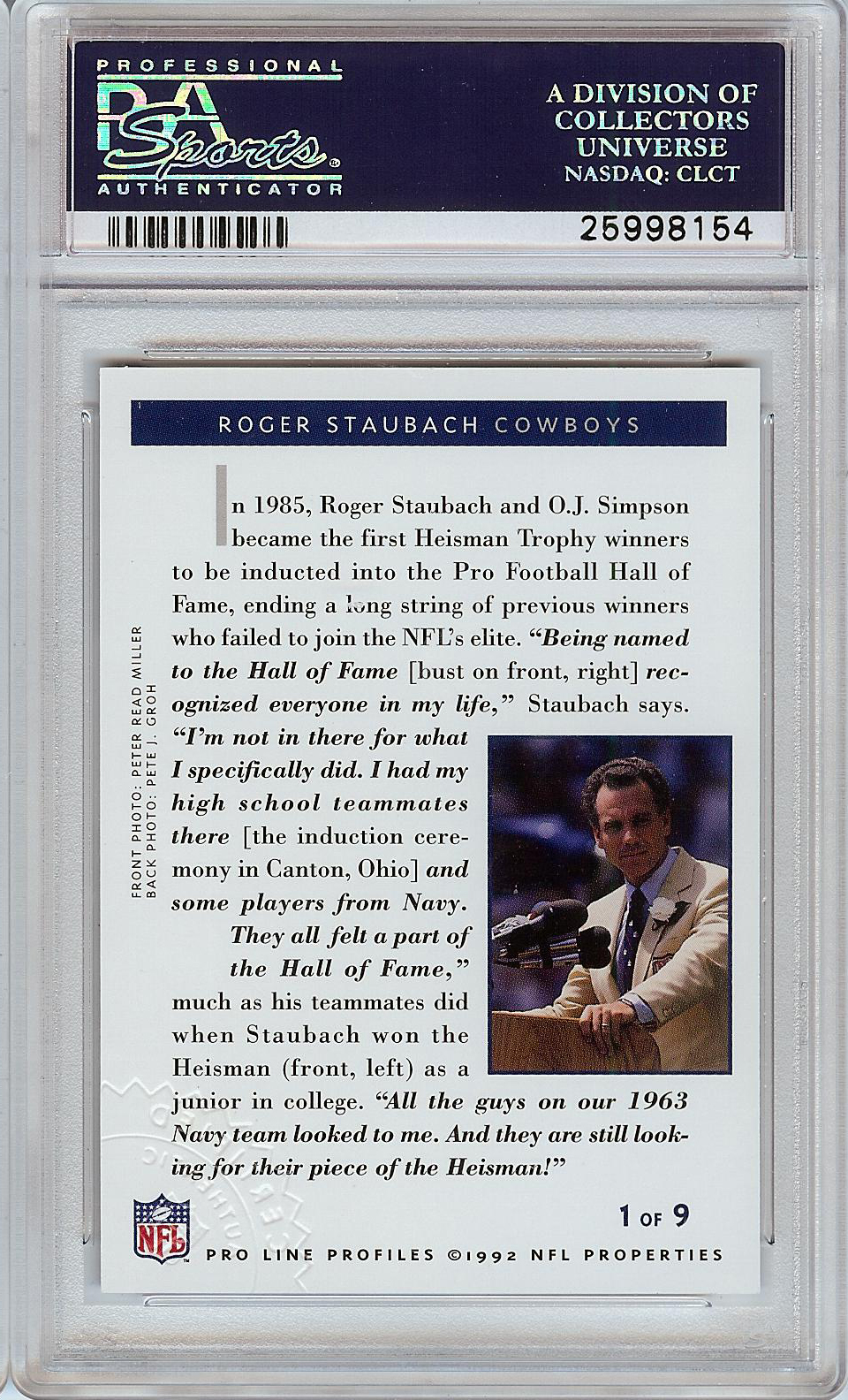 Autographed Roger Staubach selling 1992 NFL Proline Profiles Card