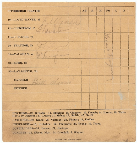 Honus Wagner, Pie Traynor, Lloyd Waner & Others Signed 1934 Pirates Scorecard (PSA/DNA)