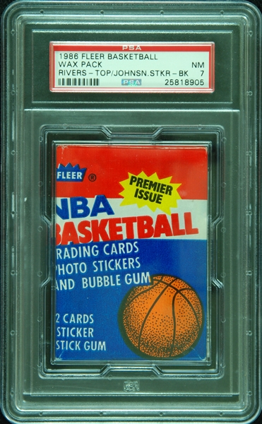 1986 Fleer Basketball Wax Pack Rivers Top/Johnson Sticker Back (Graded PSA 7)