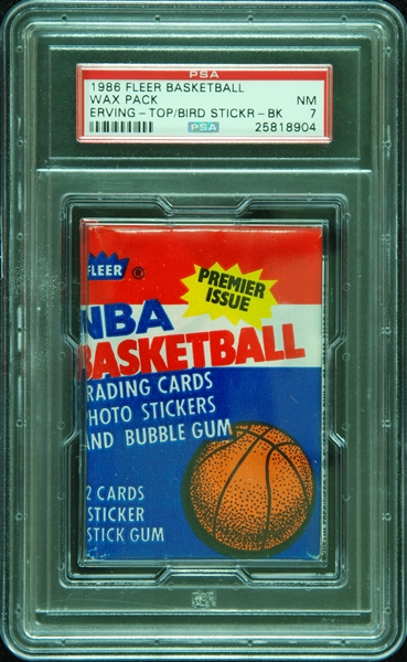 1986 Fleer Basketball Wax Pack Erving Top/Bird Sticker Back (Graded PSA 7)