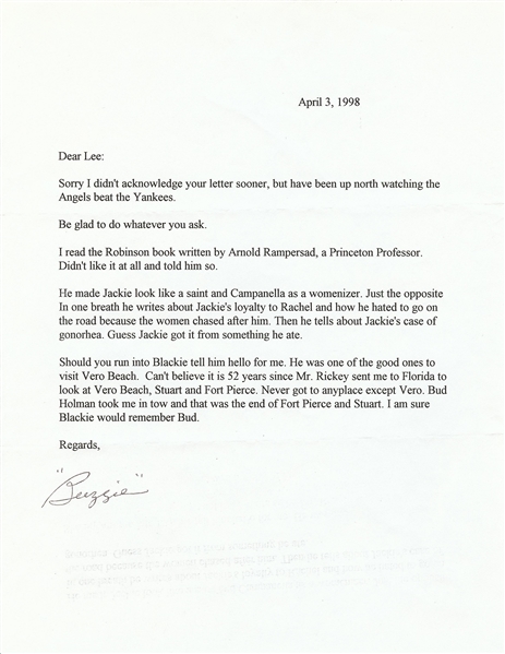 Buzzie Bavasi Signed Typed Letter with Amazing Content (1998) (PSA/DNA)