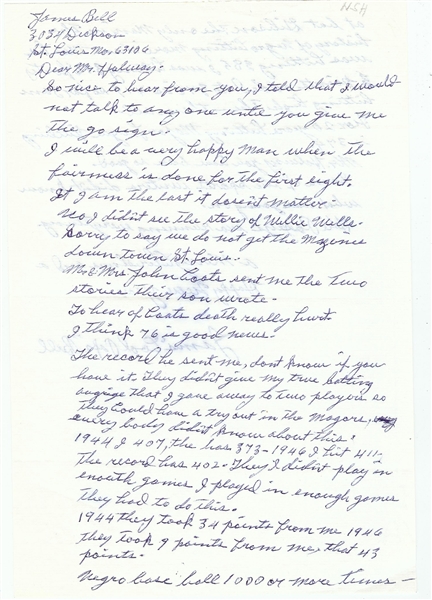 James Cool Papa Bell Signed Handwritten Letter with HOF Content (PSA/DNA)