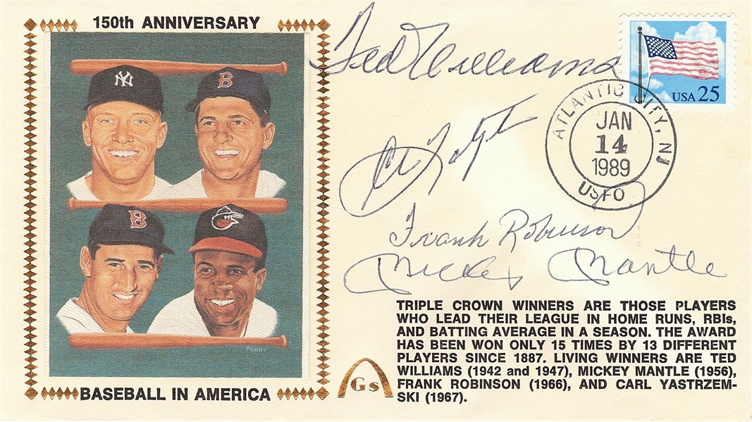 Triple Crown Winners Signed Gateway FDC (4) with Mantle, Willliams, Yastrzemski, Robinson