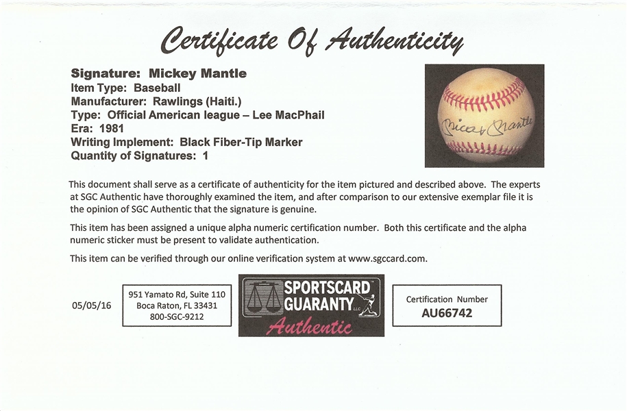 Mickey Mantle Single Signed OAL Baseball (SGC)