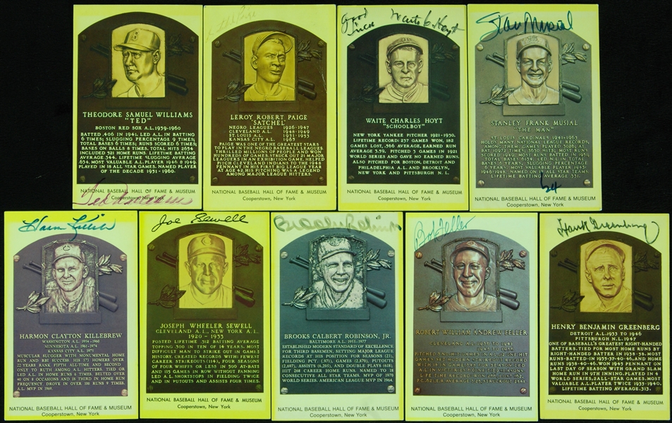 Signed Yellow HOF Plaque Postcards Group (9) with Satchel Paige, Ted Williams, Greenberg