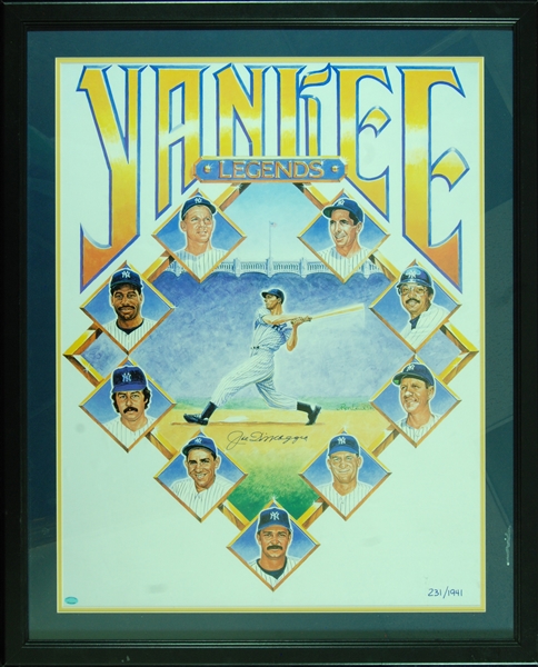 Joe DiMaggio Signed Yankee Legends Framed Poster (Yankee Clipper)