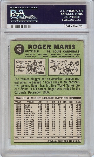 Roger Maris Signed 1967 Topps No. 45 (PSA/DNA)