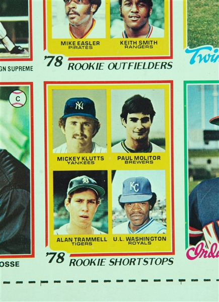 1978 Topps Baseball Uncut Sheet with Molitor/Trammell RC