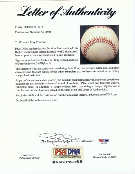 Ripken Family Multi-Signed OAL Baseball (3) with Cal Sr., Cal Jr. & Billy (PSA/DNA)