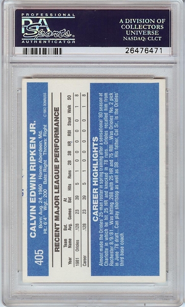 Cal Ripken Jr. Signed 1982 Donruss RC No. 405 (PSA/DNA)