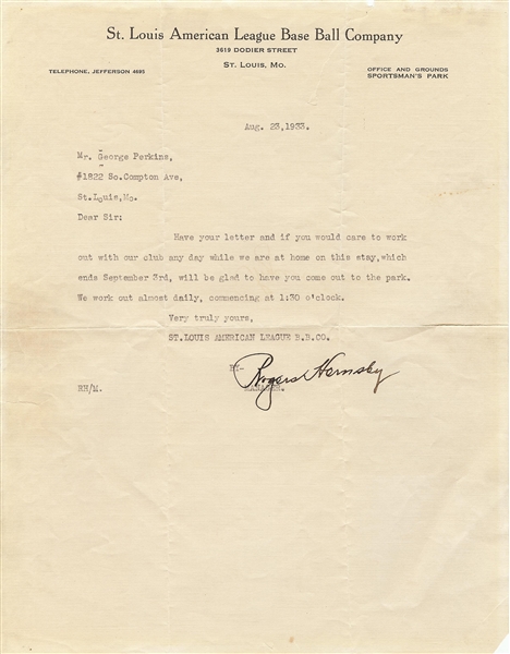 Rogers Hornsby Signed Typed Letter (1933) (Graded PSA/DNA 9)