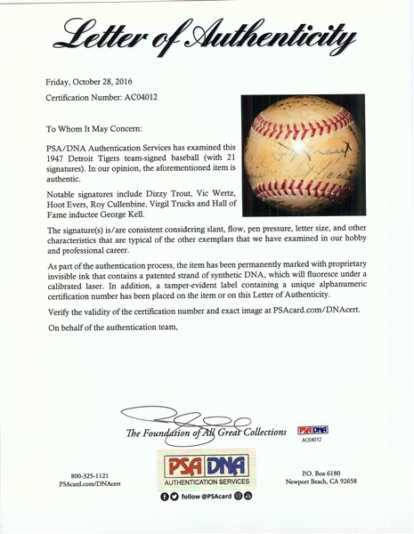 1947 Detroit Tigers Team-Signed OAL Baseball (21) (PSA/DNA)