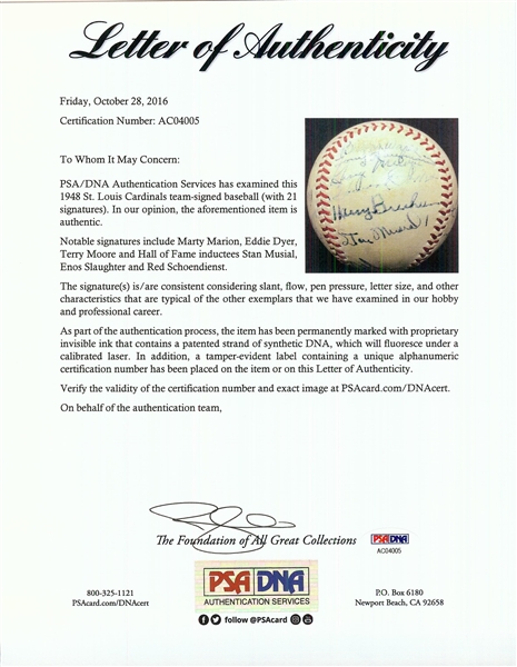 1948 St. Louis Cardinals Team-Signed ONL Baseball (21) (PSA/DNA)