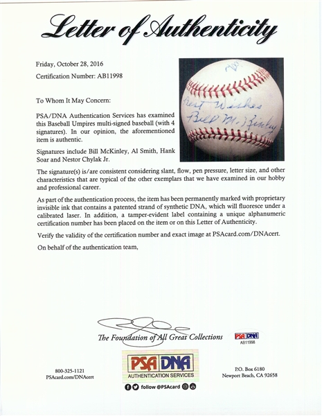 Umpires Nestor Chylak, Bill McKinley, Hank Soar & Al Smith Signed OAL Baseball (PSA/DNA)