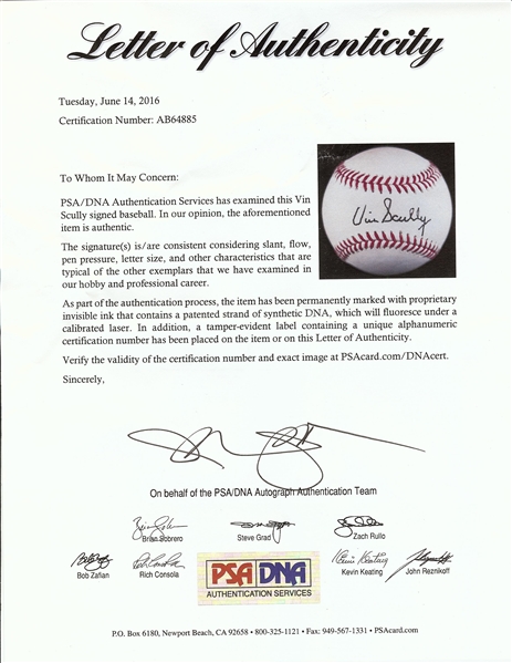 Vin Scully Single-Signed OML Baseball (PSA/DNA)