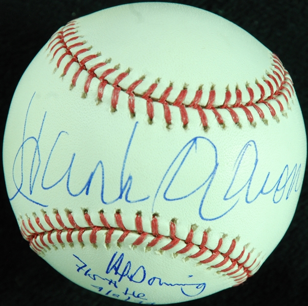 Hank Aaron & Al Downing Dual-Signed OML Baseball Inscribed 715th HR 4/8/74 (Steiner)