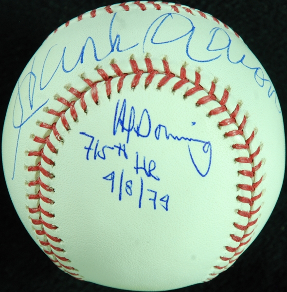 Hank Aaron & Al Downing Dual-Signed OML Baseball Inscribed 715th HR 4/8/74 (Steiner)