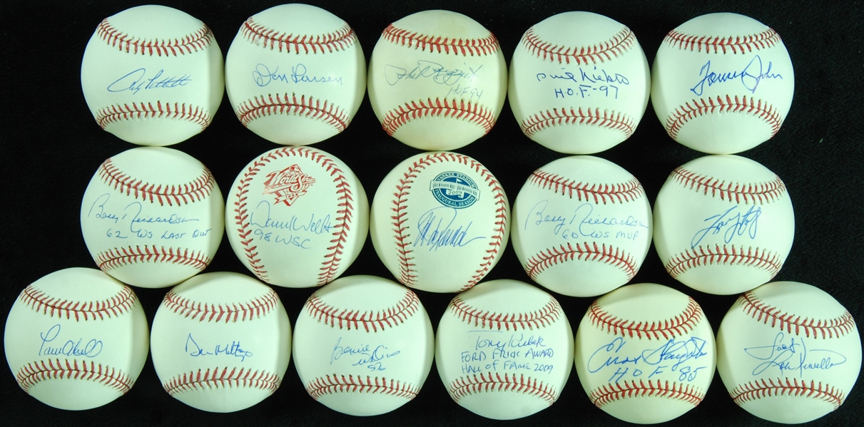 New York Yankees Single-Signed Baseballs (16) with Rizzuto, Pettitte, Mattingly