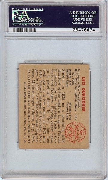 Leo Durocher Signed 1950 Bowman No. 220 (PSA/DNA)