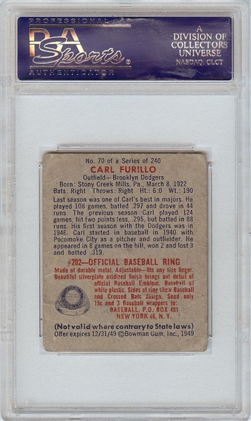 Carl Furillo Signed 1949 Bowman RC No. 70 (PSA/DNA)