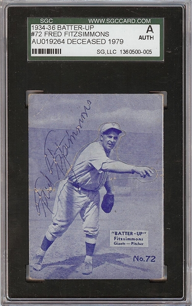 Fred Fitzsimmons Signed 1934-36 Batter-Up No. 72 (SGC)