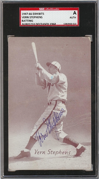 Vern Stephens Signed 1947-66 Exhibits Postcard (Batting) SGC 