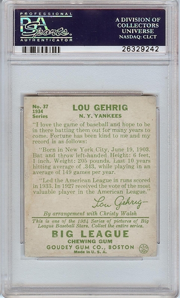 1934 Goudey Lou Gehrig No. 37 PSA Authentic