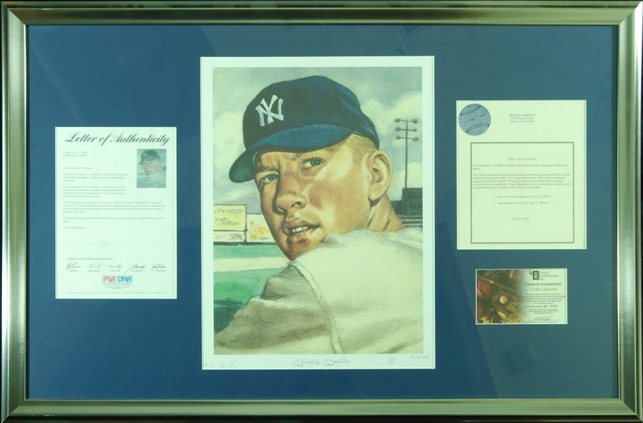 Mickey Mantle Signed 1953 Topps Framed Artwork (1909/1953) (PSA/DNA)