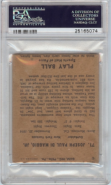 1941 Play Ball Johnny Cooney Wrong Back (Joe DiMaggio Back) PSA Authentic