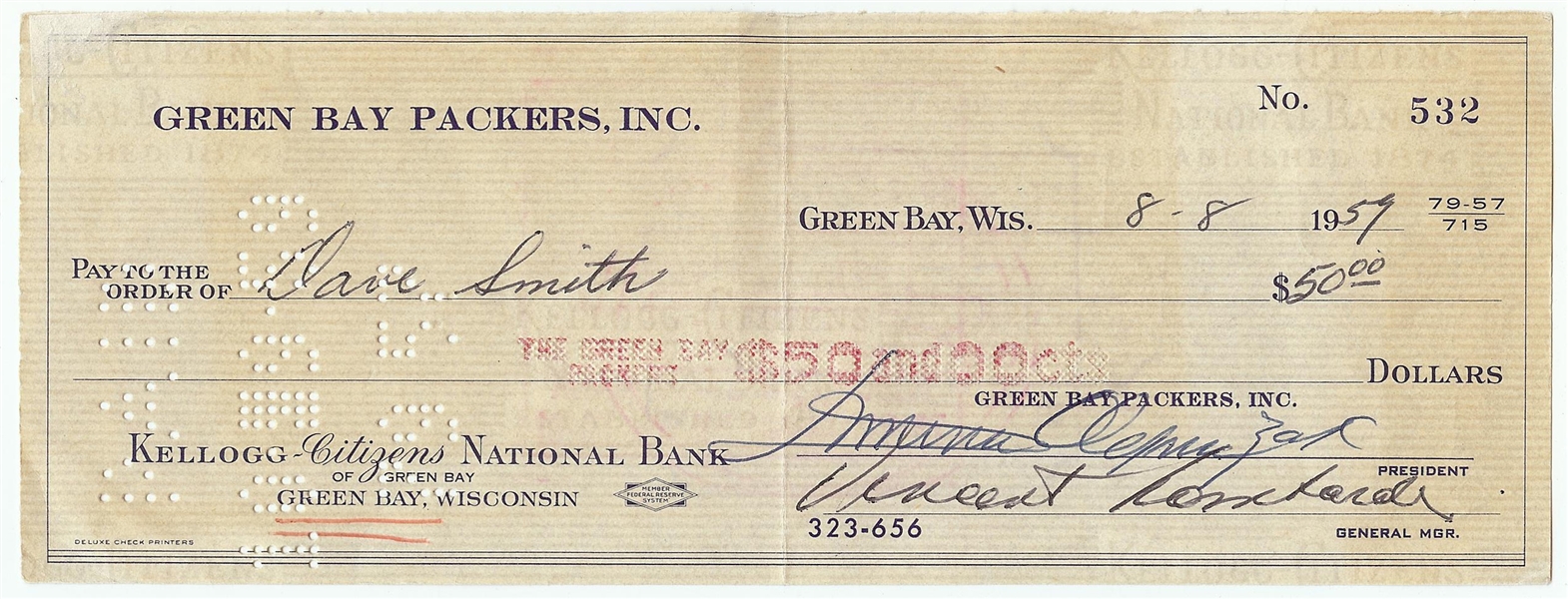 Vince Lombardi Signed Packers Payroll Check (1959)