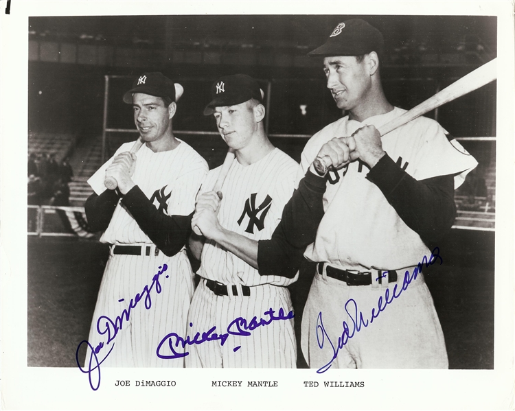 Mickey Mantle, Ted Williams & Joe DiMaggio Signed 8x10 Photo