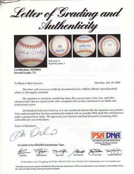 Mickey Mantle Single-Signed OAL Baseball (Graded PSA/DNA 7.5)