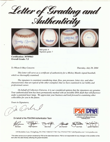 Mickey Mantle Single-Signed OAL Baseball (Graded PSA/DNA 7.5)