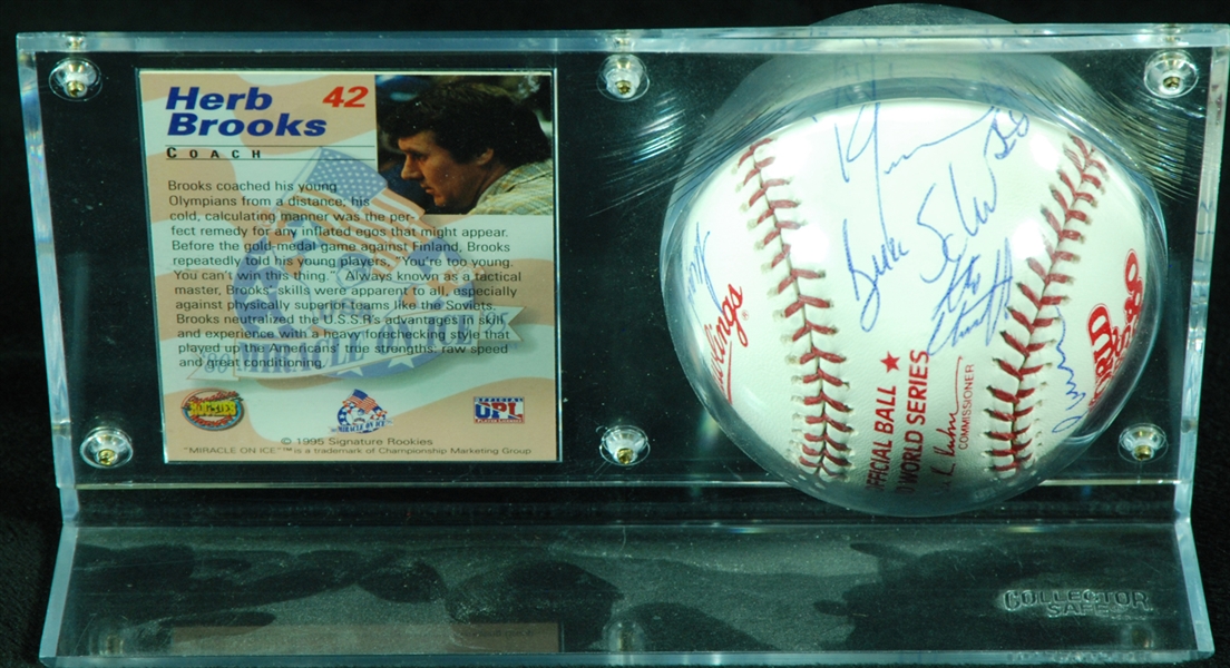 Miracle On Ice 1980 USA Hockey Team-Signed World Series Baseball with Herb Brooks Signed Card