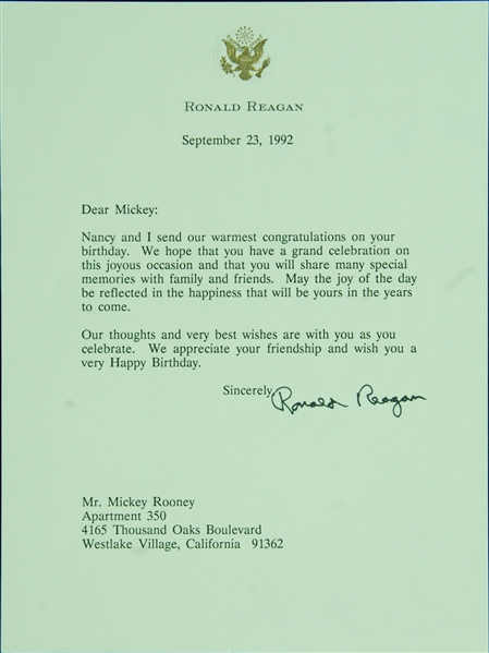 Ronald Reagan Signed Letter to Mickey Rooney (1992) (Graded PSA/DNA 10)