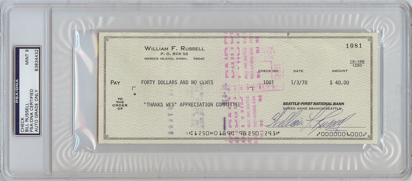 Bill Russell Signed Personal Check (1978) (Graded PSA/DNA 9)