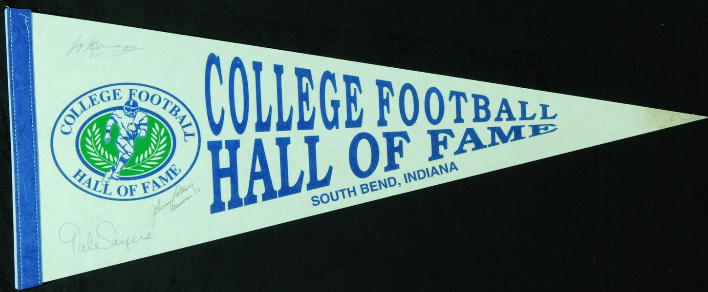 Jay Berwanger, Johnny Lattner & Gale Sayers Signed College Football HOF Pennant (PSA/DNA) 