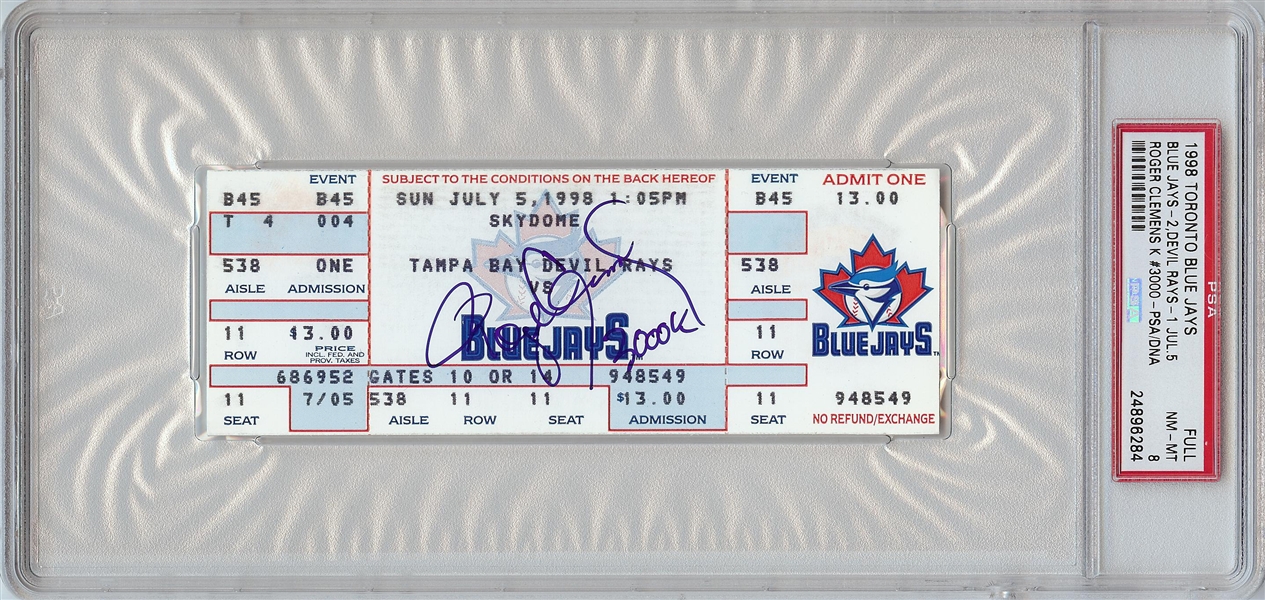 Roger Clemens Signed 3000th Strikeout Full Ticket (July 5, 1998) (Graded PSA 8)