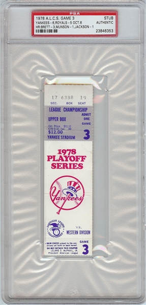 1978 ALCS Game 3 Ticket Stub - Brett, Munson & Jackson Home Runs (PSA Authentic)