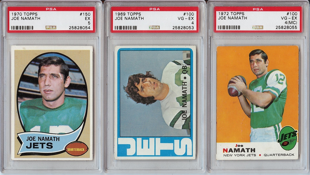 Joe Namath 1969, 1970, 1972 Topps PSA-Graded Group (3)