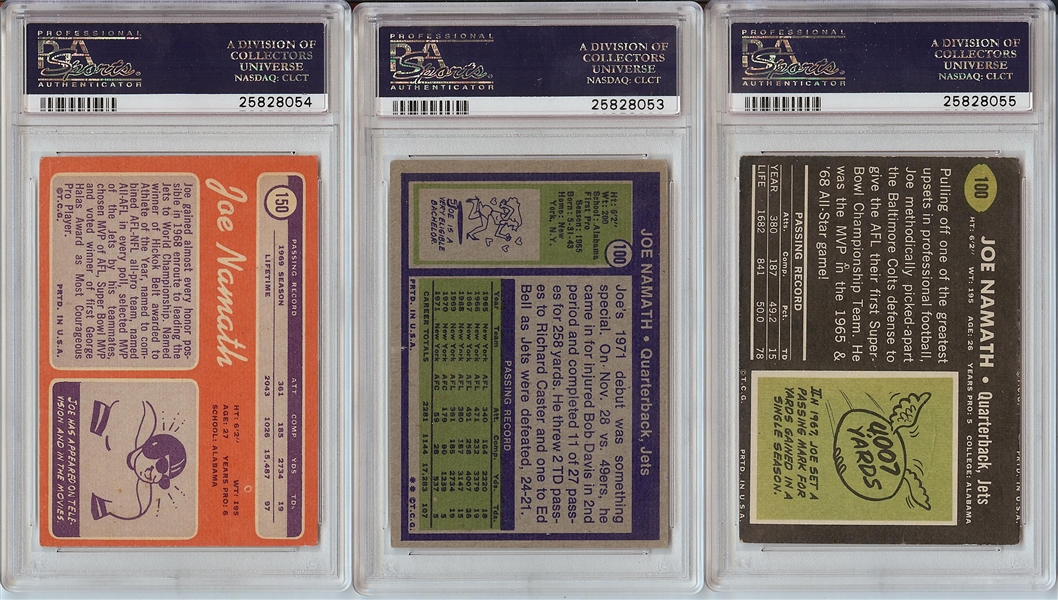 Joe Namath 1969, 1970, 1972 Topps PSA-Graded Group (3)