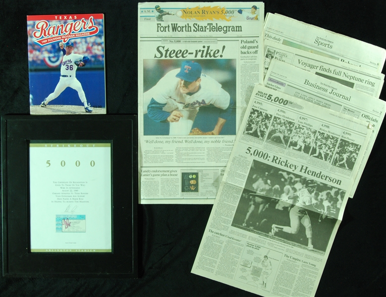 Nolan Ryan Signed Framed 5,000 Strikeout Ticket with Program, Etc. (Rangers LOA)