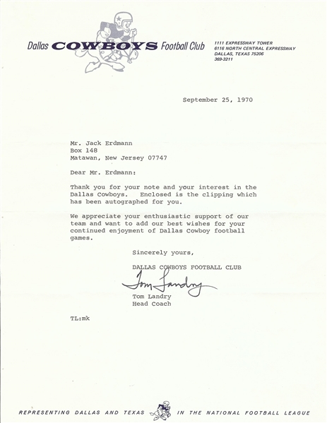 Tom Landry Signed Typed Letter (1970) (PSA/DNA) 