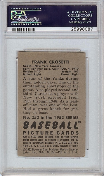 Frank Crosetti Signed 1952 Bowman No. 252 (PSA/DNA)