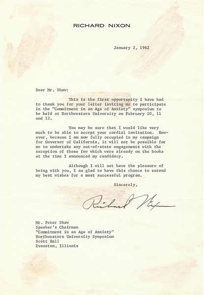 Richard Nixon Signed Typed Letter (1962) (PSA/DNA) 