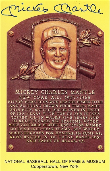 Mickey Mantle Signed Yellow HOF Plaque Postcard