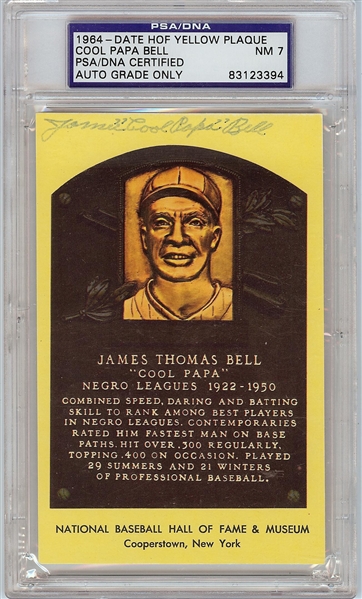 James Cool Papa Bell Twice-Signed Yellow HOF Plaque Postcard (PSA/DNA 7) 