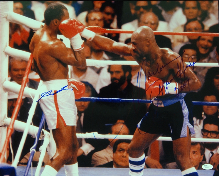 Marvelous Marvin Hagler & Sugar Ray Leonard Signed 16x20 Photo (JSA)