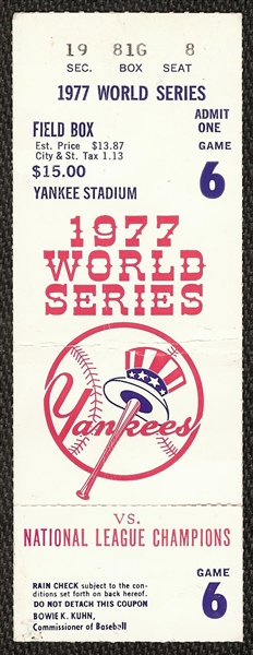 1977 World Series Game 6 Ticket - Reggie Jackson Three Home Runs