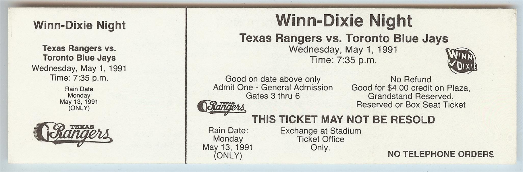 Nolan Ryan 7th No Hitter Full Ticket (May 1, 1991)